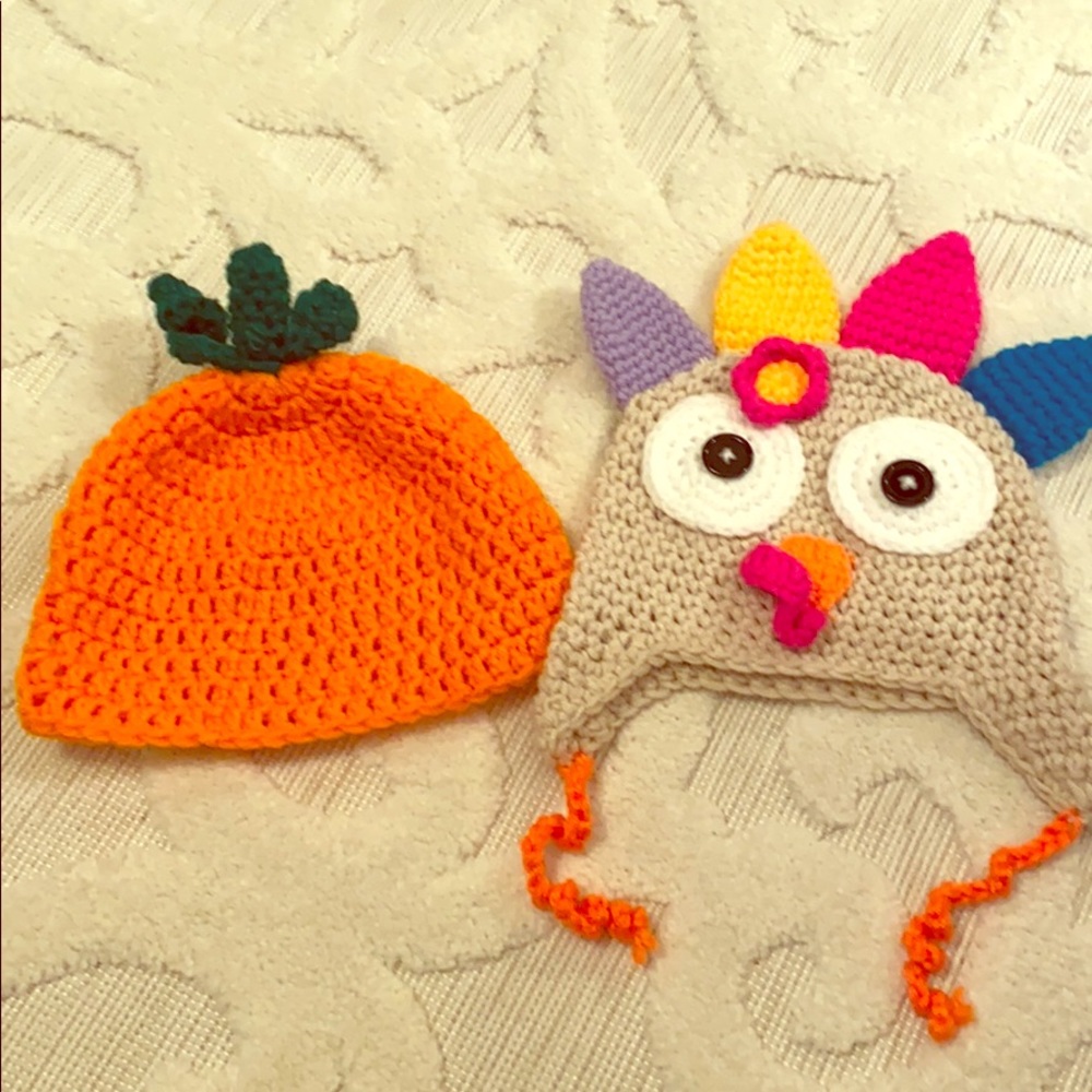 6-12 Months Crotched Pumpkin and Turkey Hats